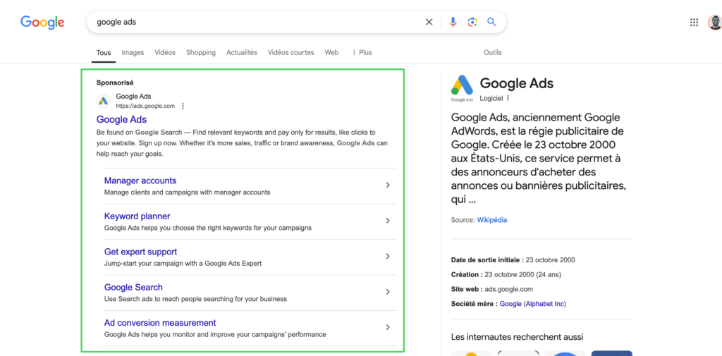 publicité google ads sur le search sur le mot clé "google ads"