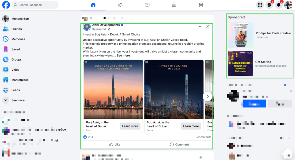 exemple de publicité facebook ads dans la fil principale et colonne de gauche